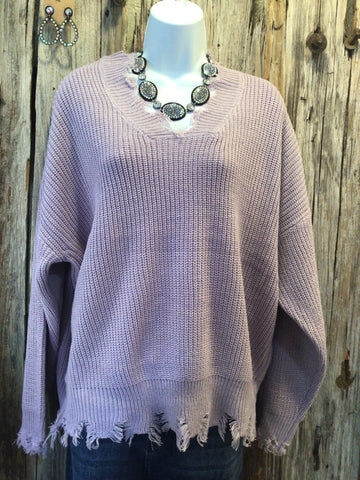 Drop Shoulder Distressed Sweater, Dusty Lavender
