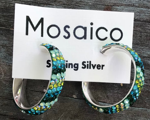 Mosaico Sterling Silver Earrings, Large Hoop, Aqua Crystals