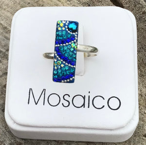 Mosaico Sterling Silver Ring, Rectangle, Blue Swirl Crystals